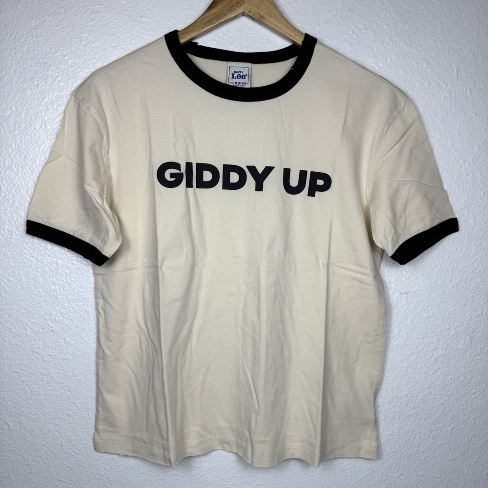 Lee X Kacey Musgraves Giddy Up Ringer Tee Shirt Black Cream Distressed Medium